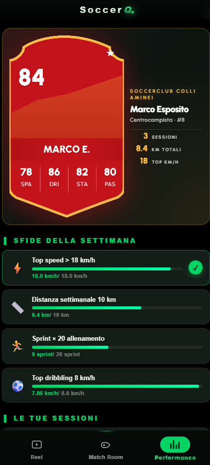 Il profilo di un giocatore nell'app SoccerQCam